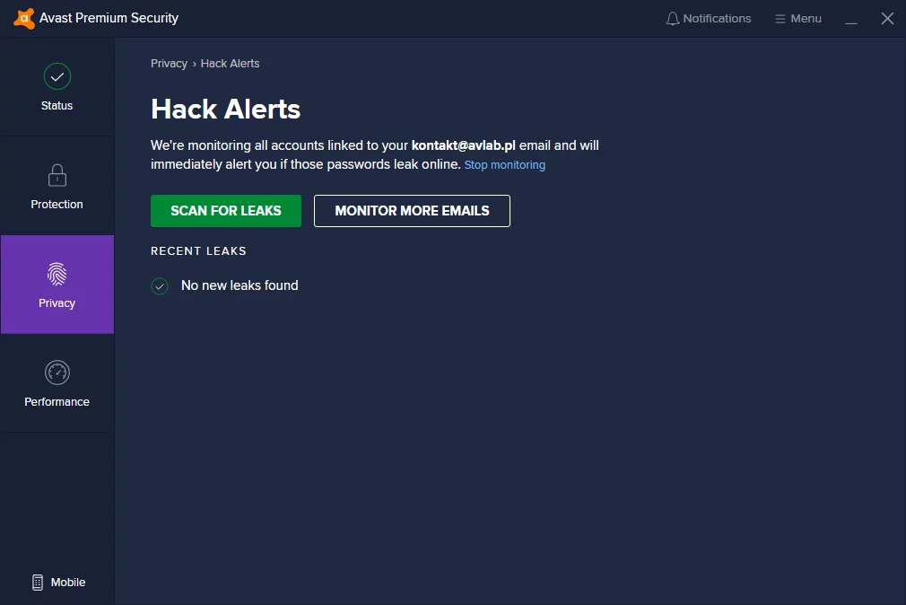 Hack Alerts will notify when an email is in a data breach.