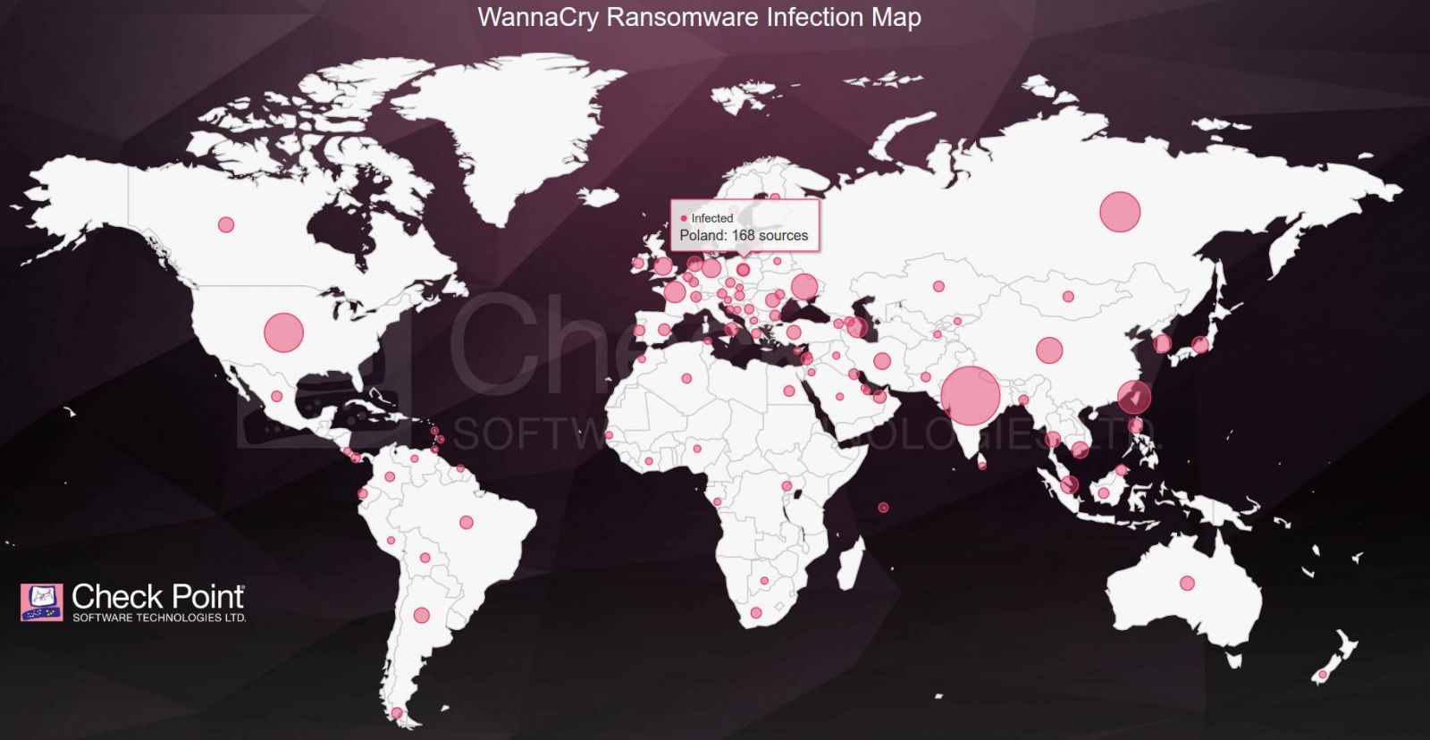 Infekcje WannaCry opracowane przez Check Point.