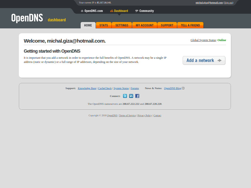 OpenDNS konto ustawienia