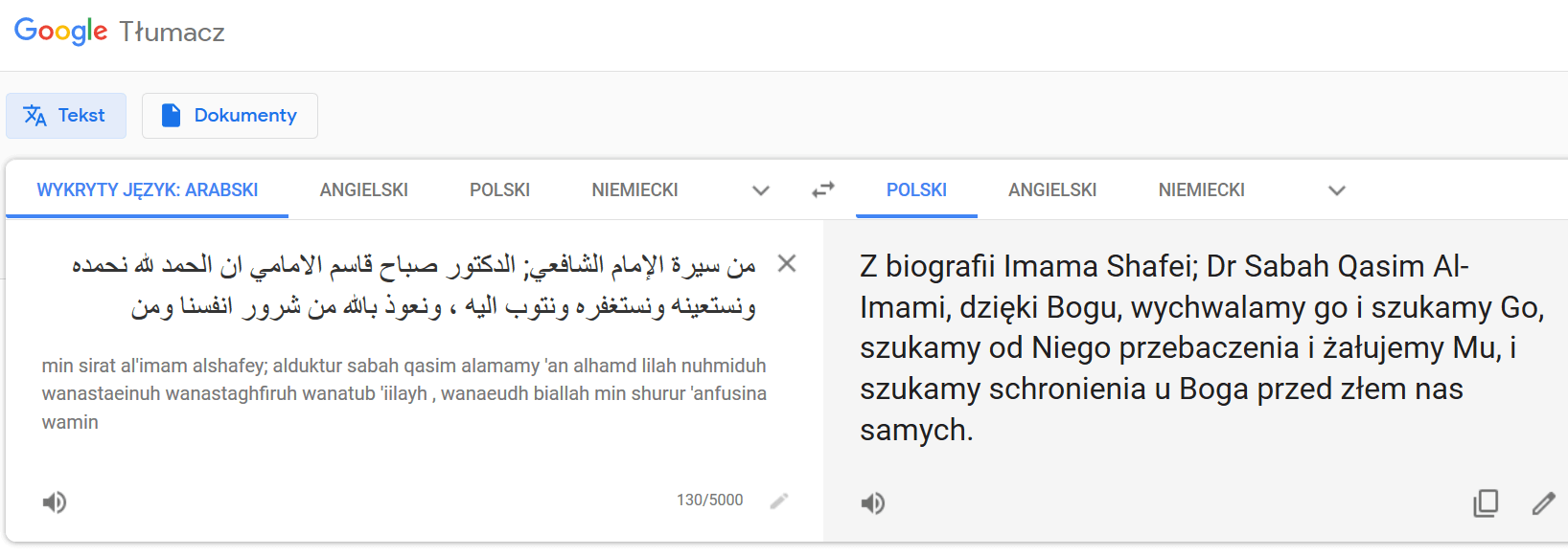 Tłumaczenie w Google Translator.
