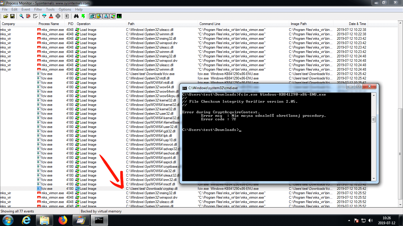 Process Monitor w Windows 7 pokazuje, że biblioteka DLL o nazwie CRYPTSP.dll została załadowana, ale z lokalizacji zupełnie innej.