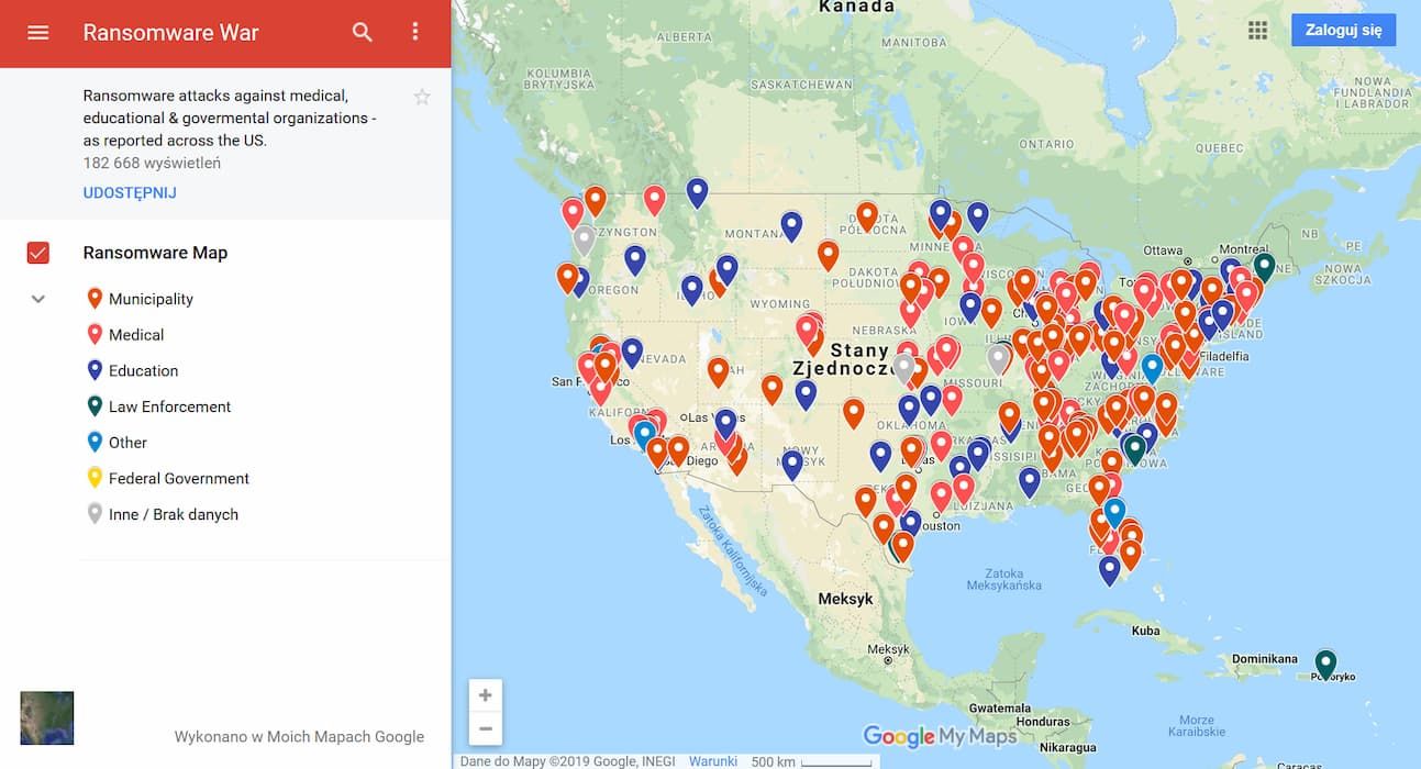 Mapa cyberataków z udziałem ransomware na podmioty państwowe w USA.