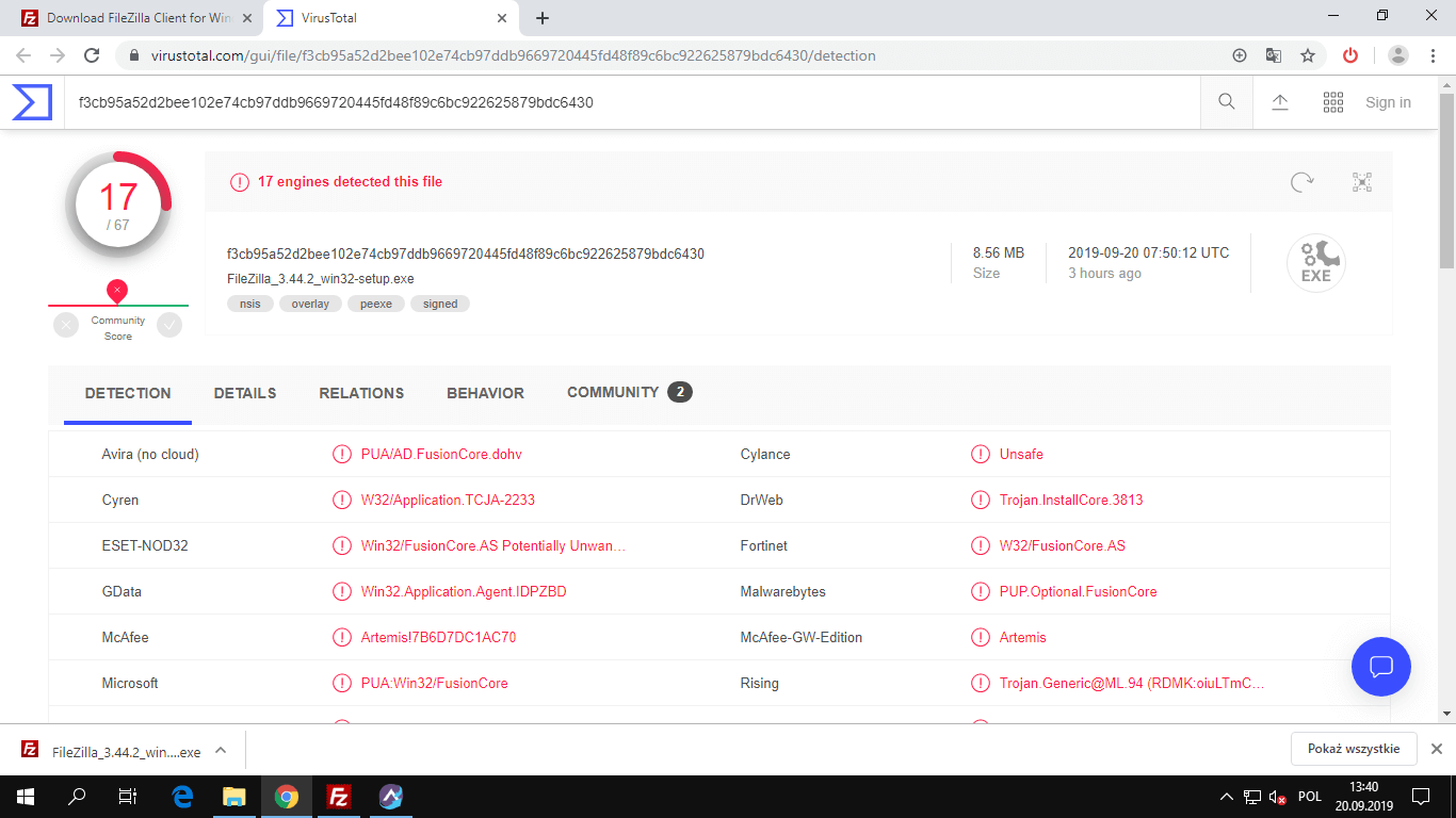 VirusTotal rozpoznaje instalator FileZilla głównie jako PUP, ang. Potentially Unwanted Program.