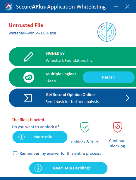 Znowu komunikat. Rozumiecie dlaczego SecureAPlus wyświetla ostrzeżenie jako „Untrusted File”?