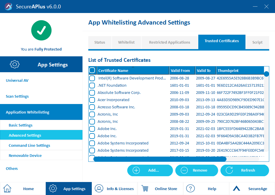 Lista zaufanych producentów z wymaganym odciskiem palca certyfikatu (ang. Thumbprint).