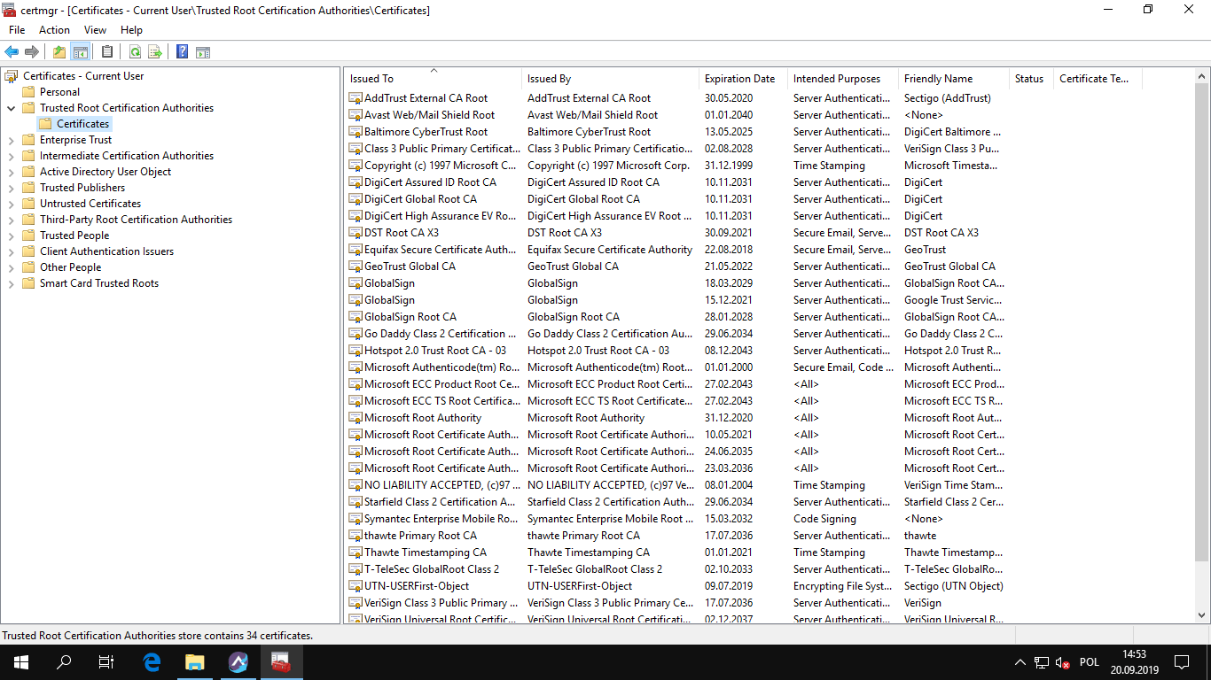 Zaufane główne urzędy certyfikacji w Windows 10.