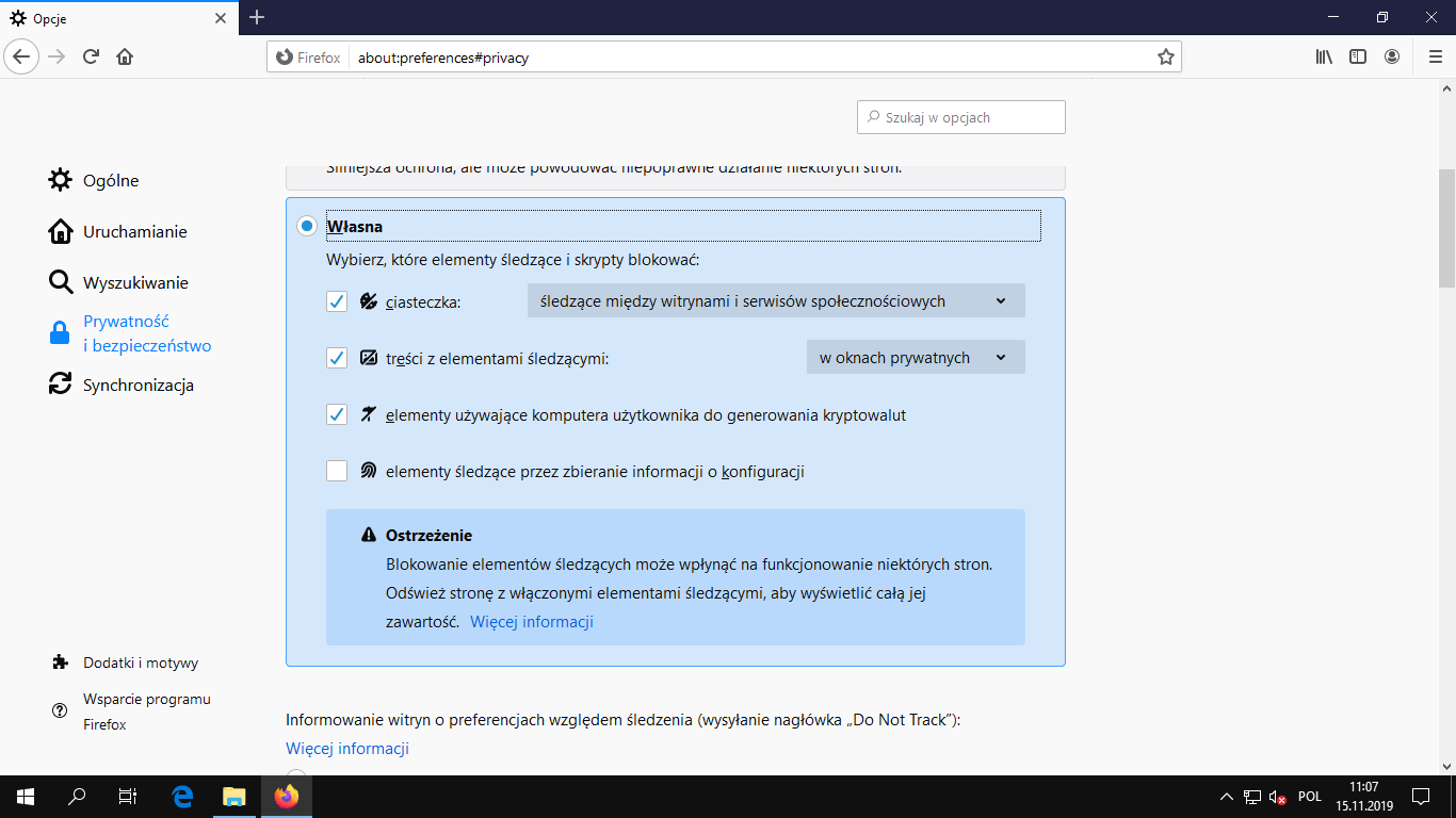 Zakładka „Prywatność i bezpieczeństwo” w Firefox.