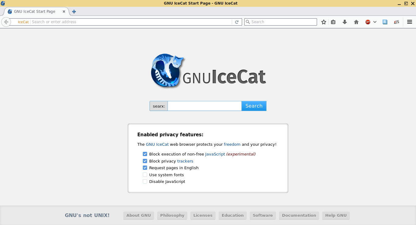 Domyślna strona startowa GNU IceCat pozwala na włączenie opcji dotyczących prywatności.