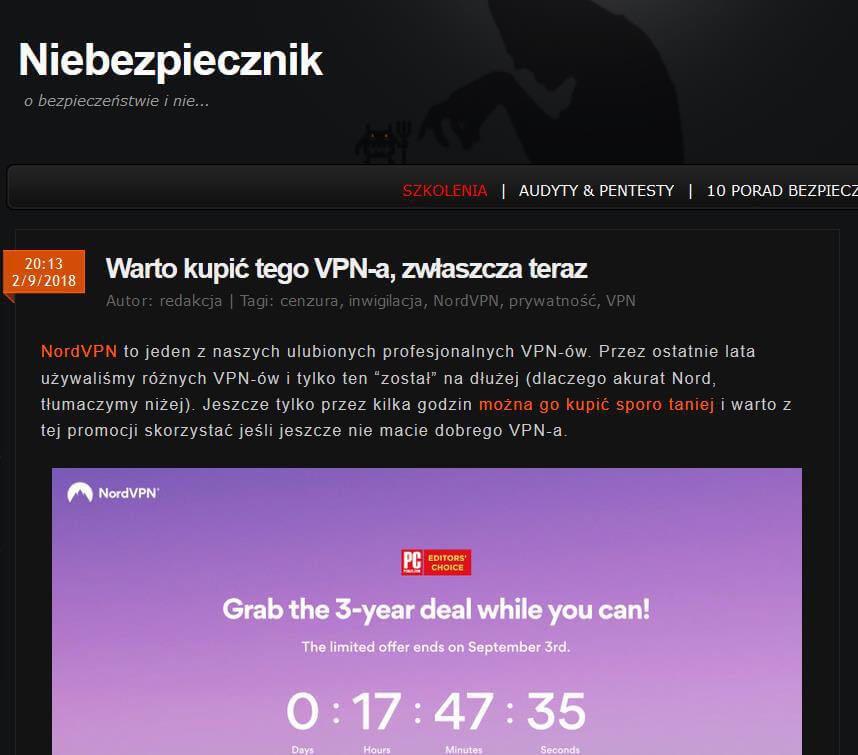 Jedna z wielu promocji NordVPN na stronie niebezpiecznik.pl