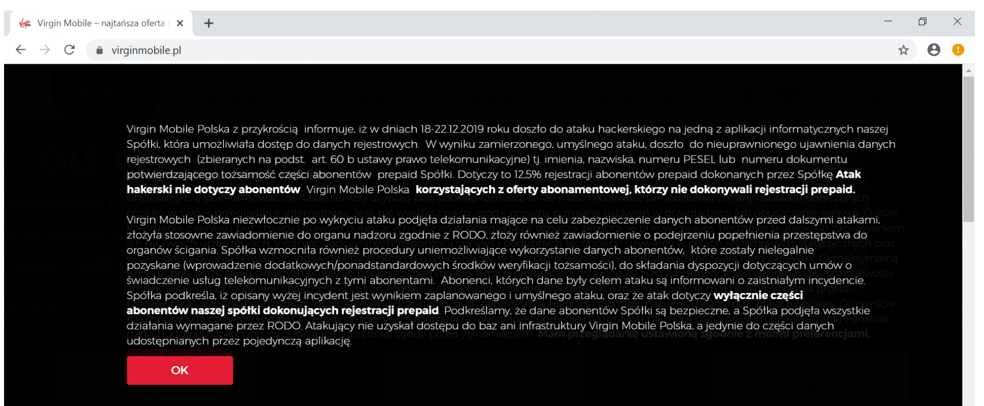Atak hakerski na Virgin Mobile Polska. Wyciekają numery PESEL i dane osobowe.