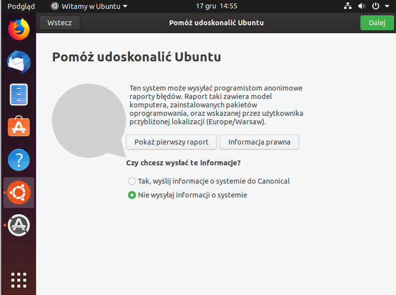 Ubuntu - ustawienia prywatności. Można wyłączyć przesyłanie danych telemetrycznych.