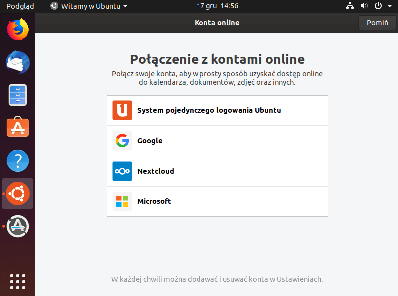 Ubuntu - ustawienia kont online.