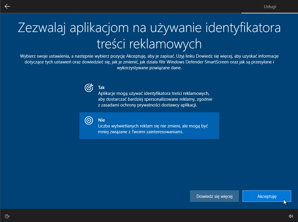 Windows 10 instalacja i ustawienia prywatności. Krok 7.