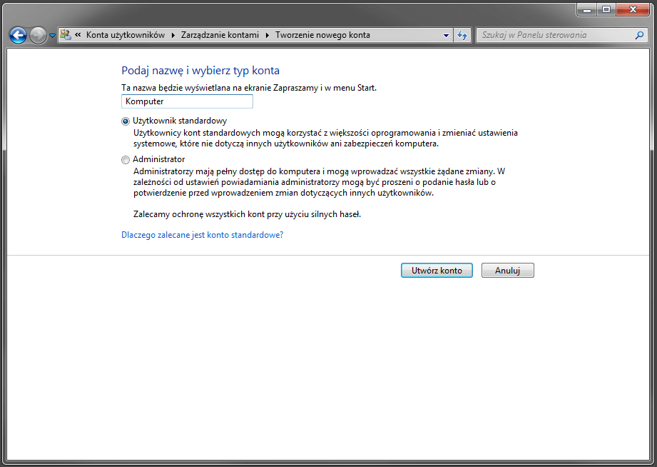 Windows 7, konto ograniczone.