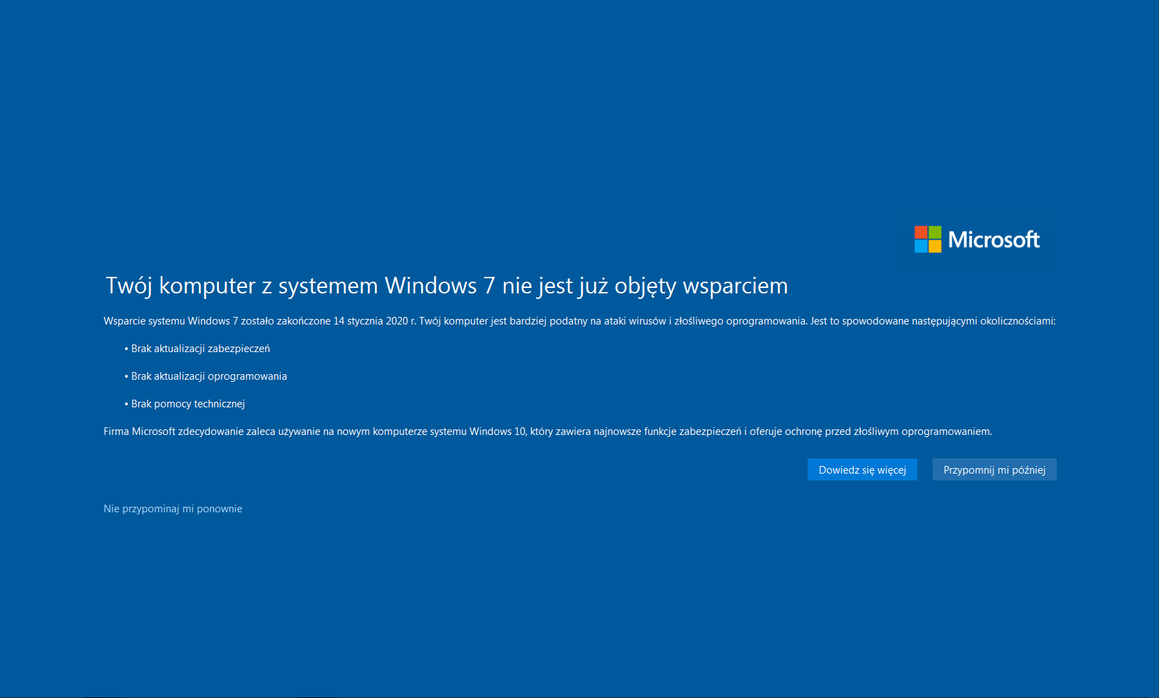 Komunikat wyświetlany użytkownikom Windows 7 o zakończonym wsparciu.