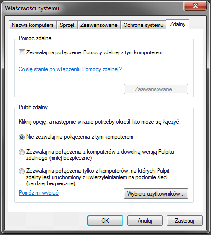Wyłączenie pulpitu zdalnego w Windows 7.
