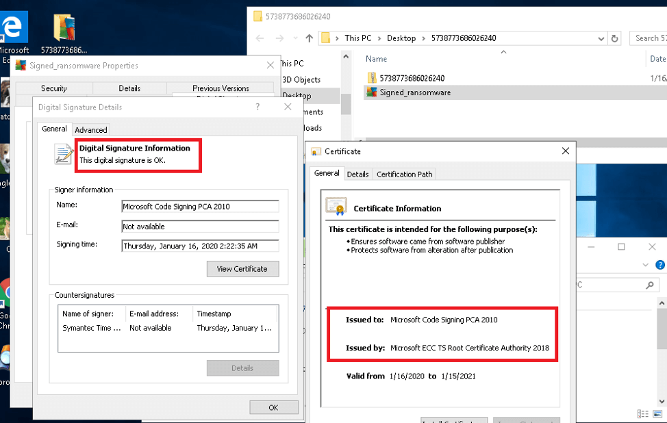 CurveBall. Podpis próbki ransomware wysłanego do usługi VirusTotal wydaje się być poprawnie podpisanym plikiem Microsoft.