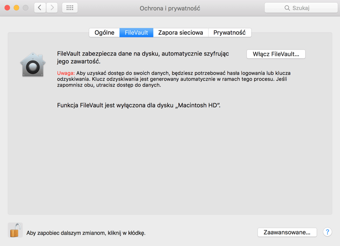 MacOS szyfrowanie dysku za pomocą FileVault.