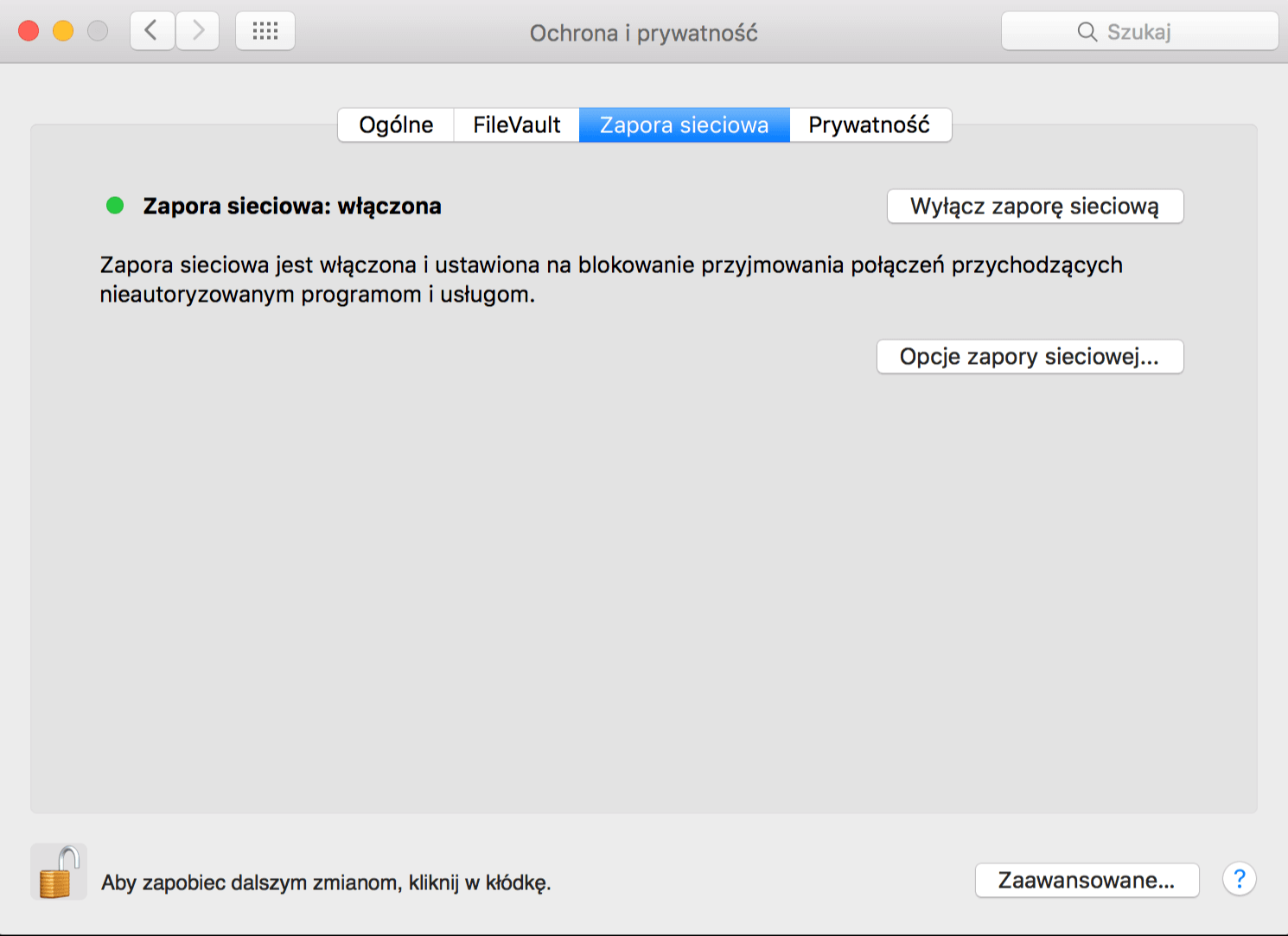 Ustawienia zapory sieciowej w macOS.