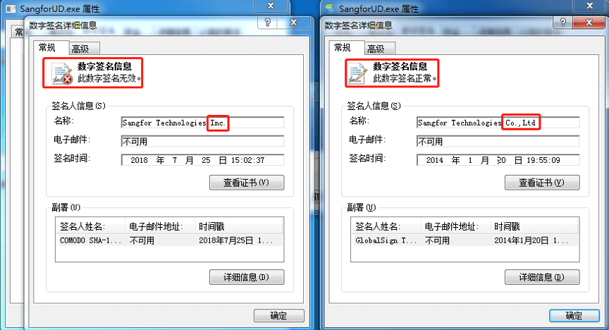 Po lewej stronie znajduje się certyfikat wystawiony dla szkodliwej aplikacji. Po prawej jest legalne oprogramowanie.