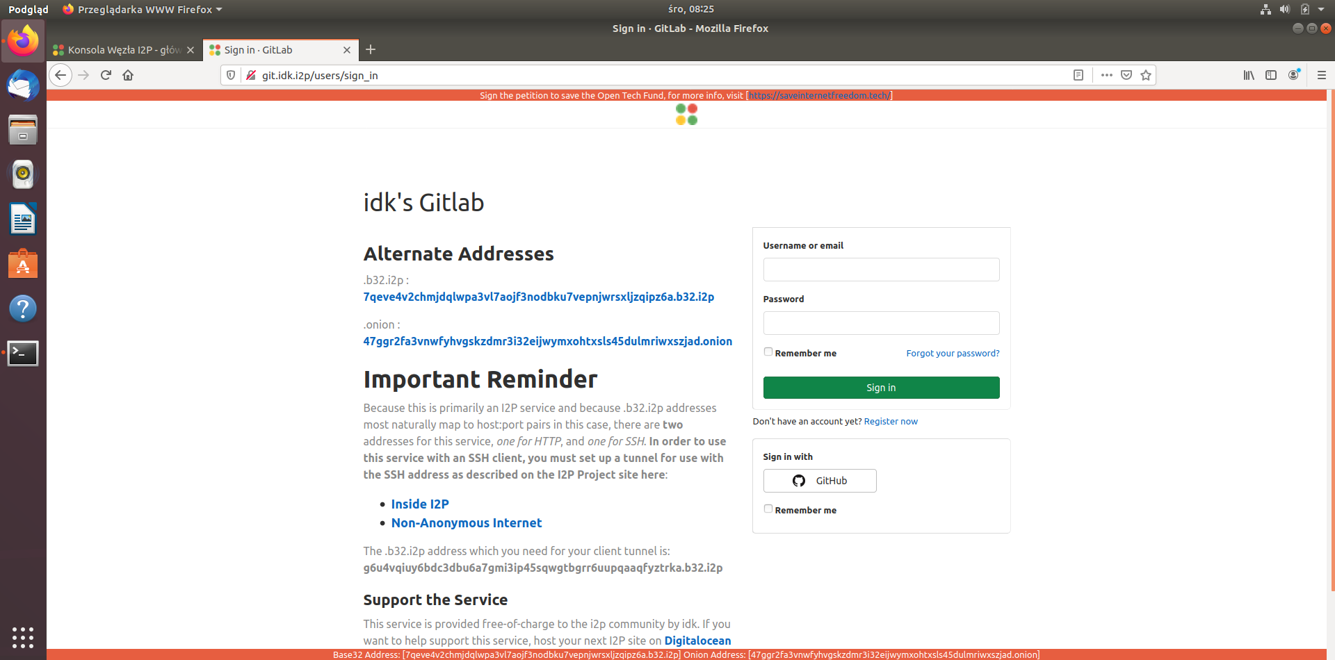 Gitlab w I2P. Do logowania można użyć istniejącego konta GitHub.