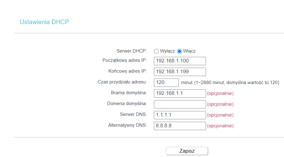 Ustawienia DHCP w routerze - serwery DNS.