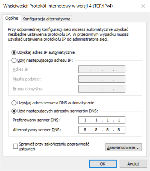 konfiguracja Windows DNS, polecane serwery dns test