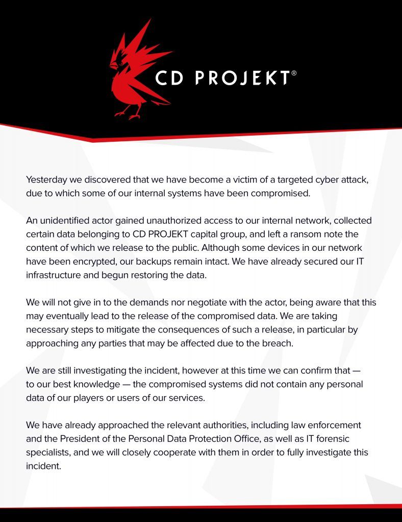 Oficjalne oświadczenie CD Projekt o cyberataku.
