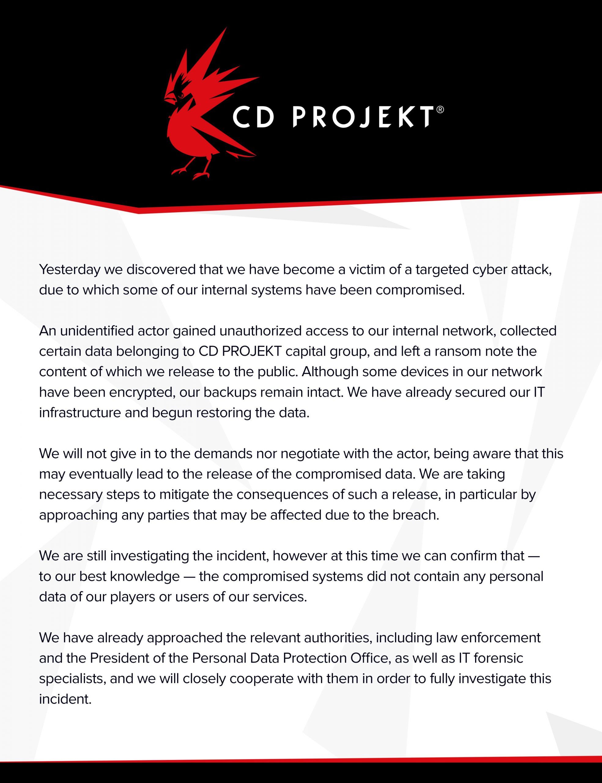 Oficjalne oświadczenie CD Projekt o cyberataku.