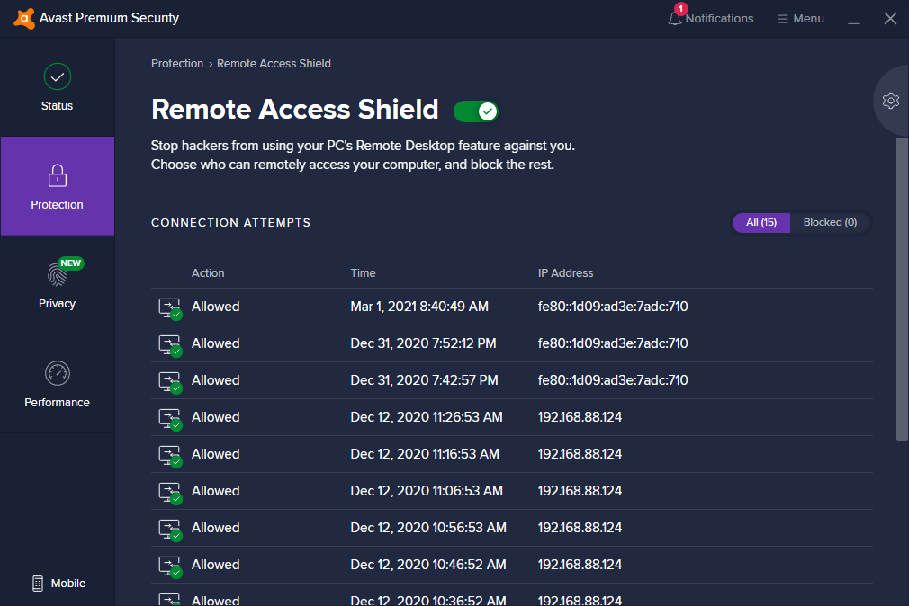 Remote Access Shield blokuje połączenia do naszego komputera.