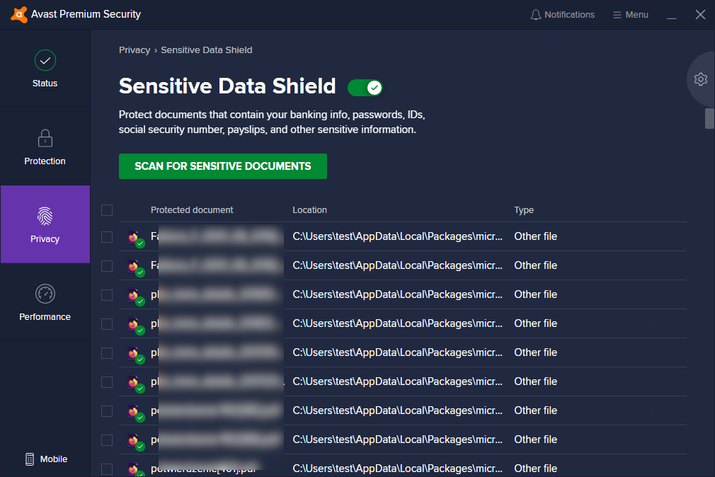 AVAST sensitive data shield