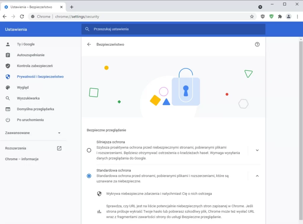 Chrome - ustawienia bezpieczeństwa i prywatności.