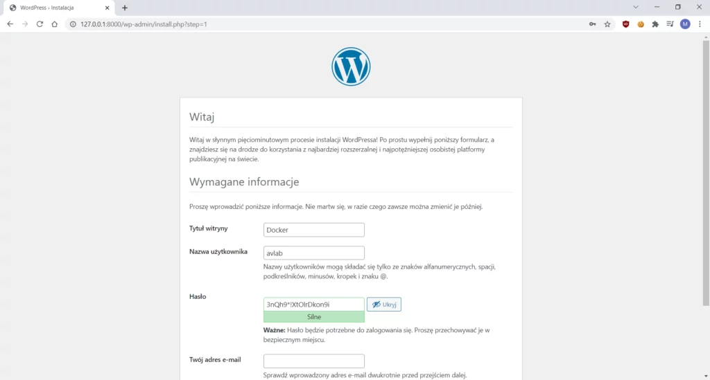 WordPress uruchomiony jako kontener Dockera.