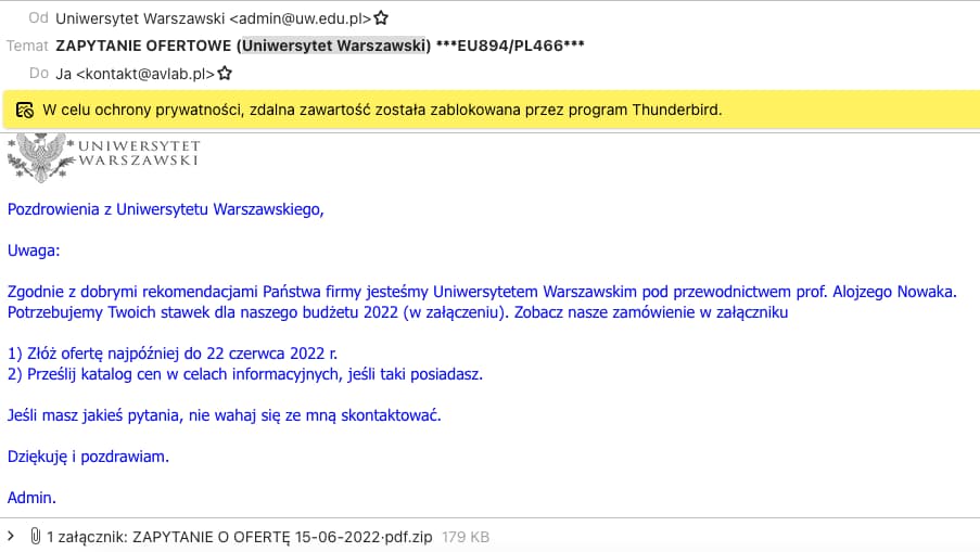 Uniwersytet Warszawski nie wysyła spamu z załącznikami