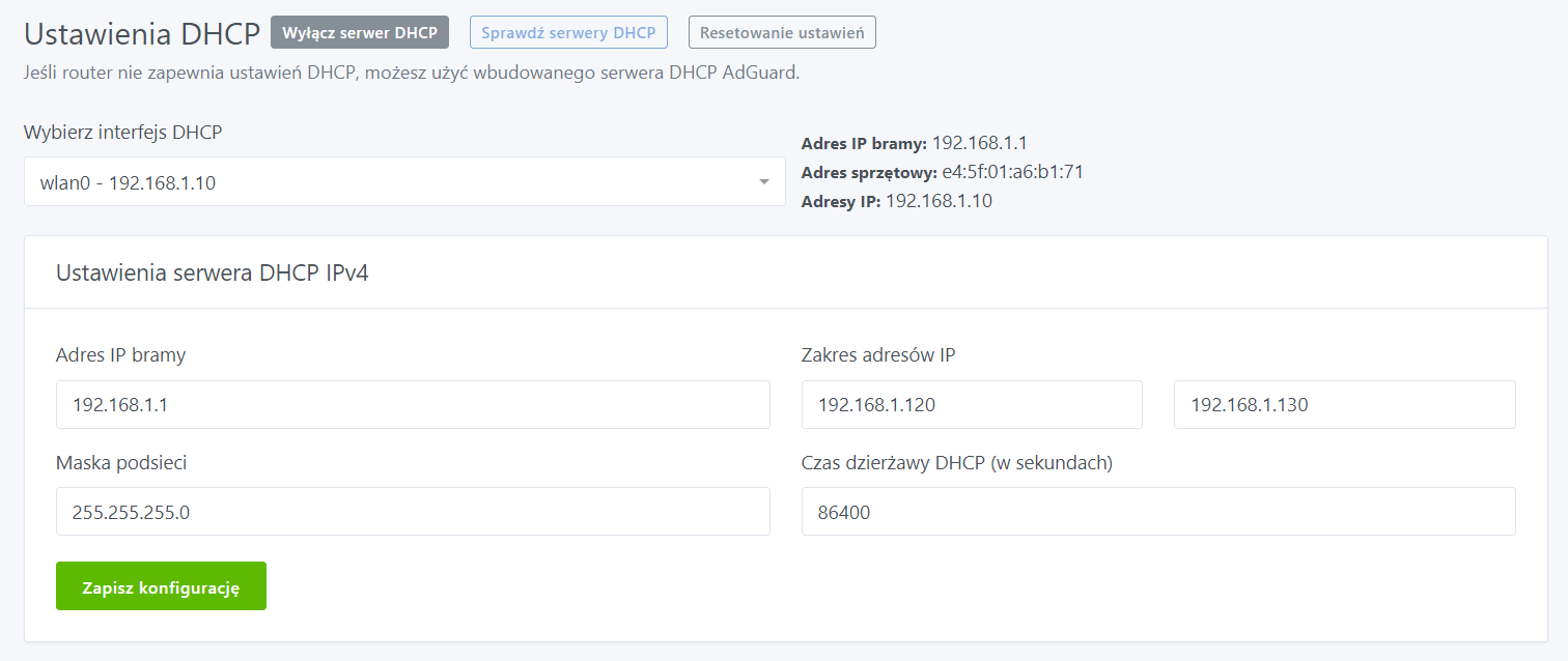 Konfiguracja DHCP w AdGuard