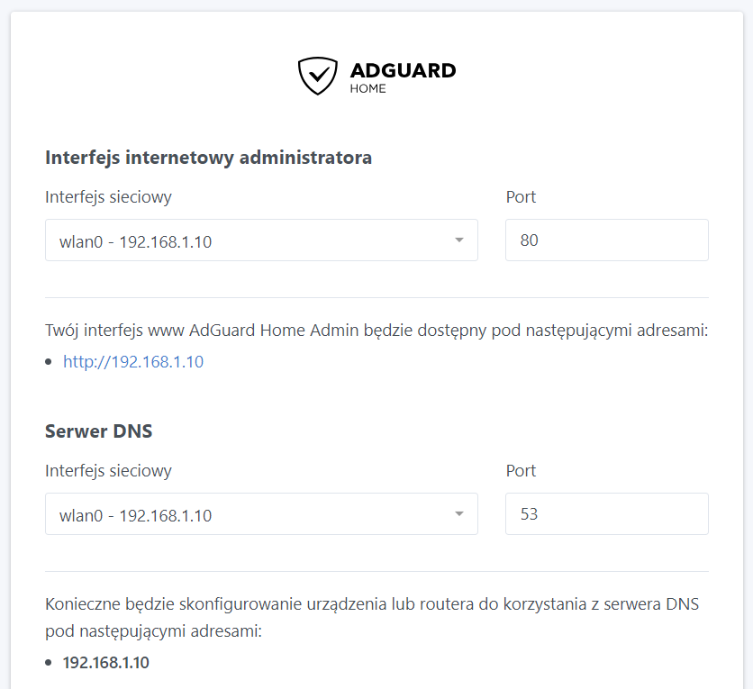 Ustawienia interfejsów w AdGuard