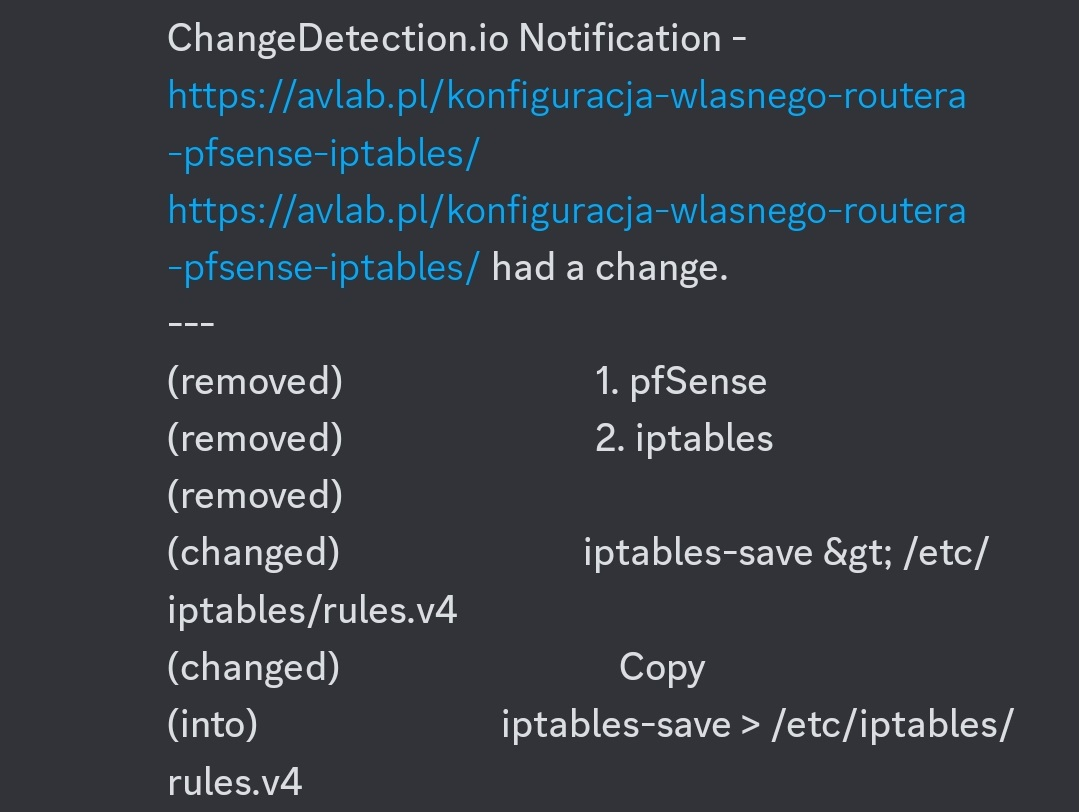 Powiadomienie Discord wysłane przez changedetection.io