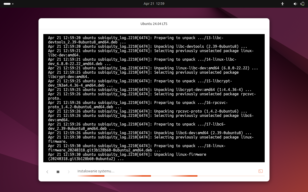 Podgląd działania instalatora Ubuntu 24.04.