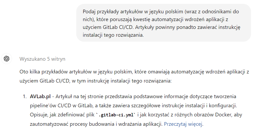 Link do artykułu AVLab.pl w odpowiedzi ChatGPT.