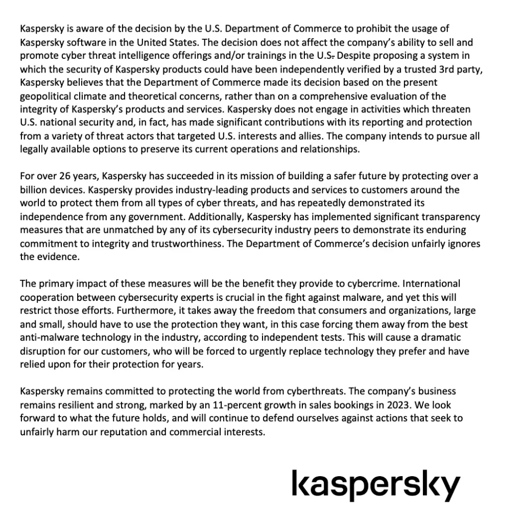 oświadczenie kaspersky 2024 zakaz usa