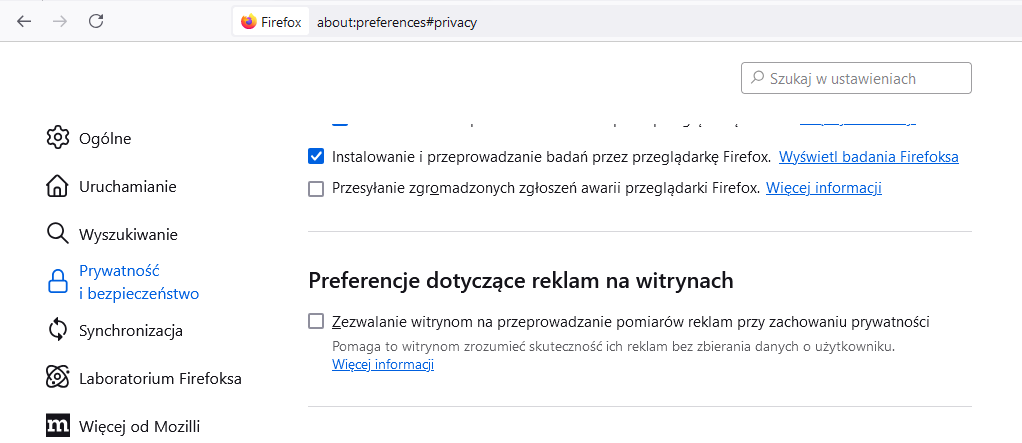 Sposób wyłączenia Privacy Preserving Attribution w Firefox.