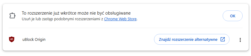 Lista niewspieranych rozszerzeń w Chrome.