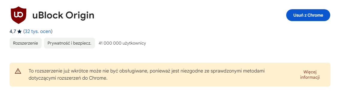 Komunikat o braku wsparcia rozszerzenia w Chrome Web Store.