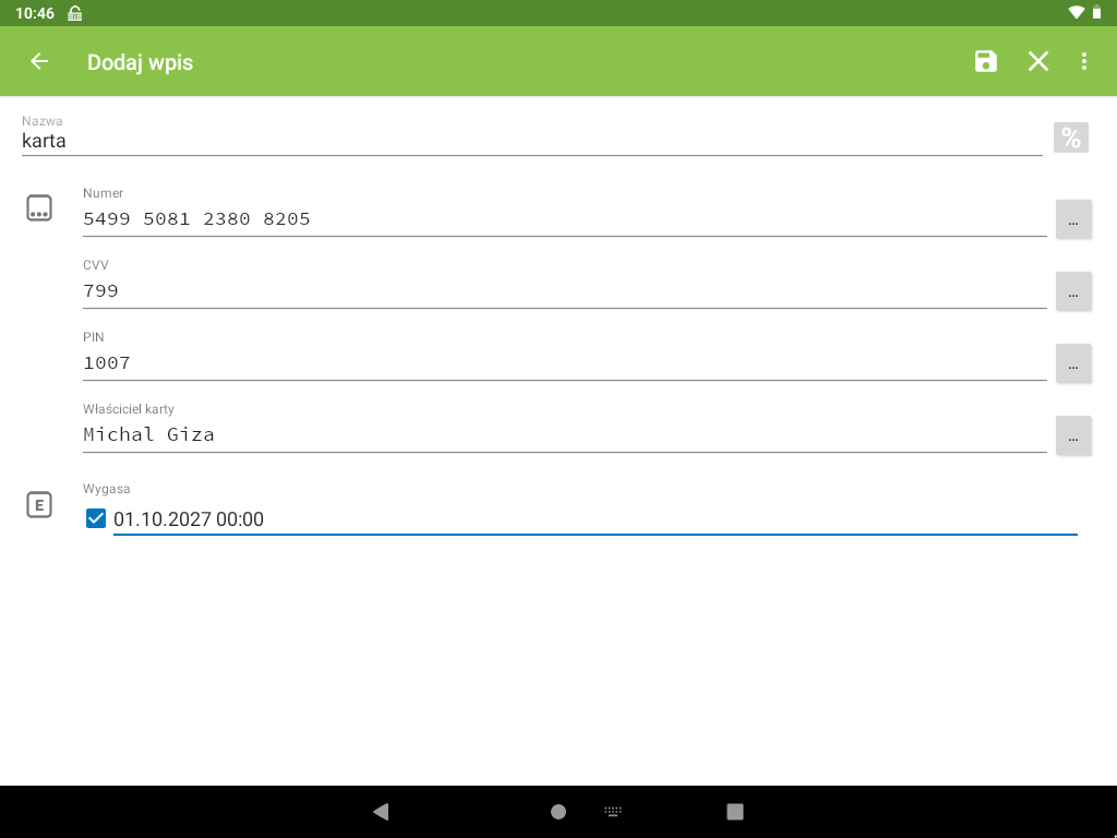 Dodawanie wpisu (szablon karty kredytowej) w Keepass2Android.