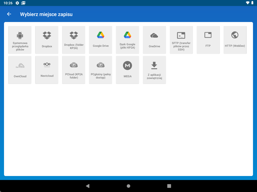 Dostępne miejsca zapisu w Keepass2Android.