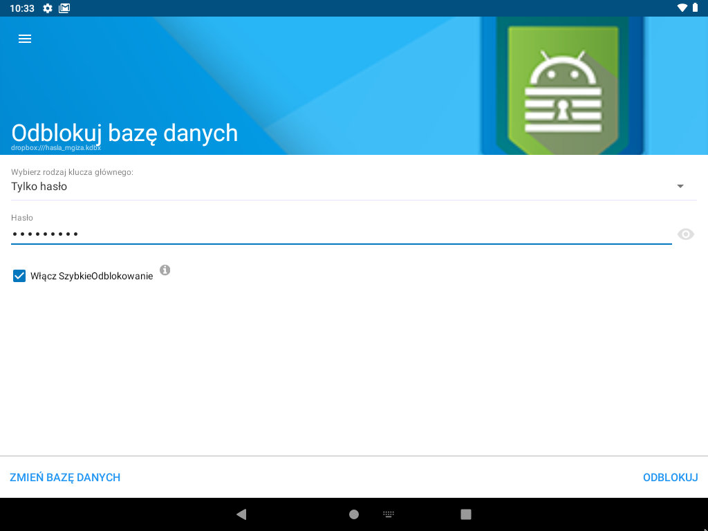 Odblokowywanie bazy w Keepass2Android.