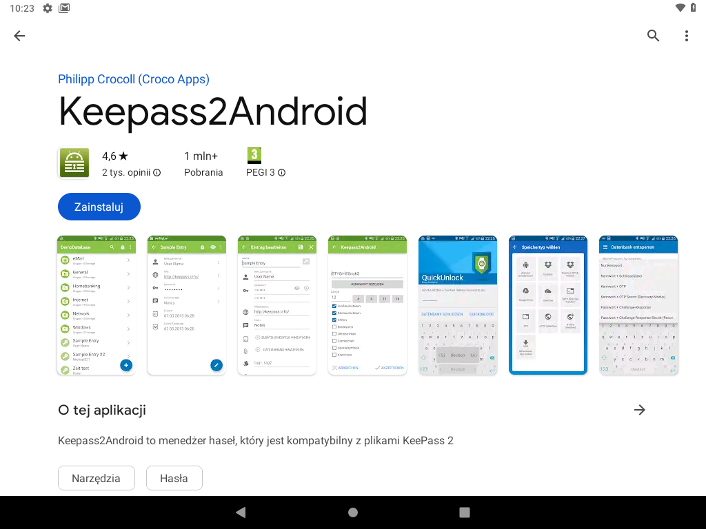 Keepass2Android w Sklepie Play.