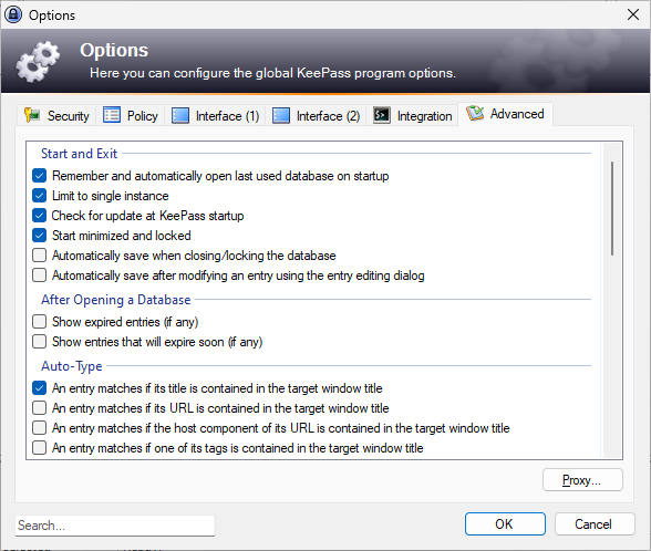 Ustawienia Advanced w KeePass.