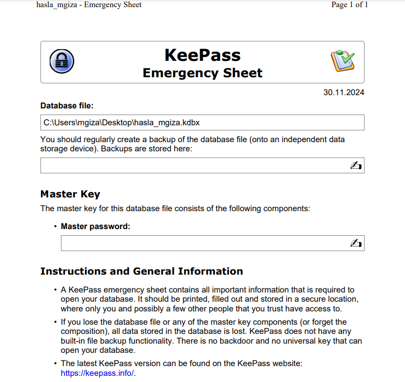 KeePass Emergency Sheet