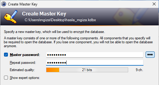 Ustawianie hasła głównego w KeePass.